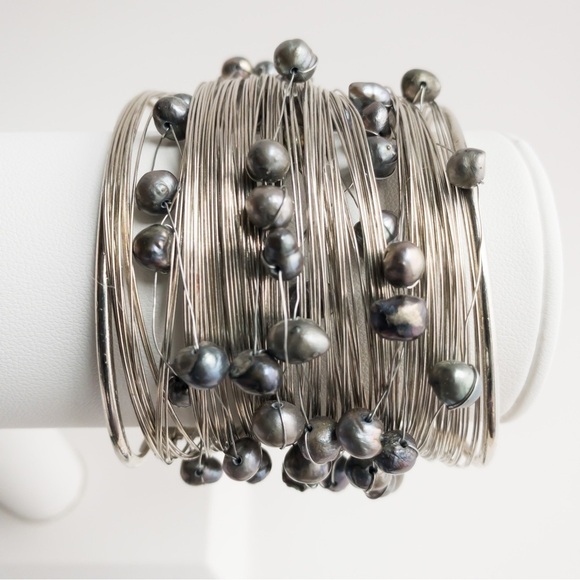 Wide Wire Wrapped Bangle Cuff Bracelet With Black Peacock Freshwater Pearls NWT - Picture 4 of 14